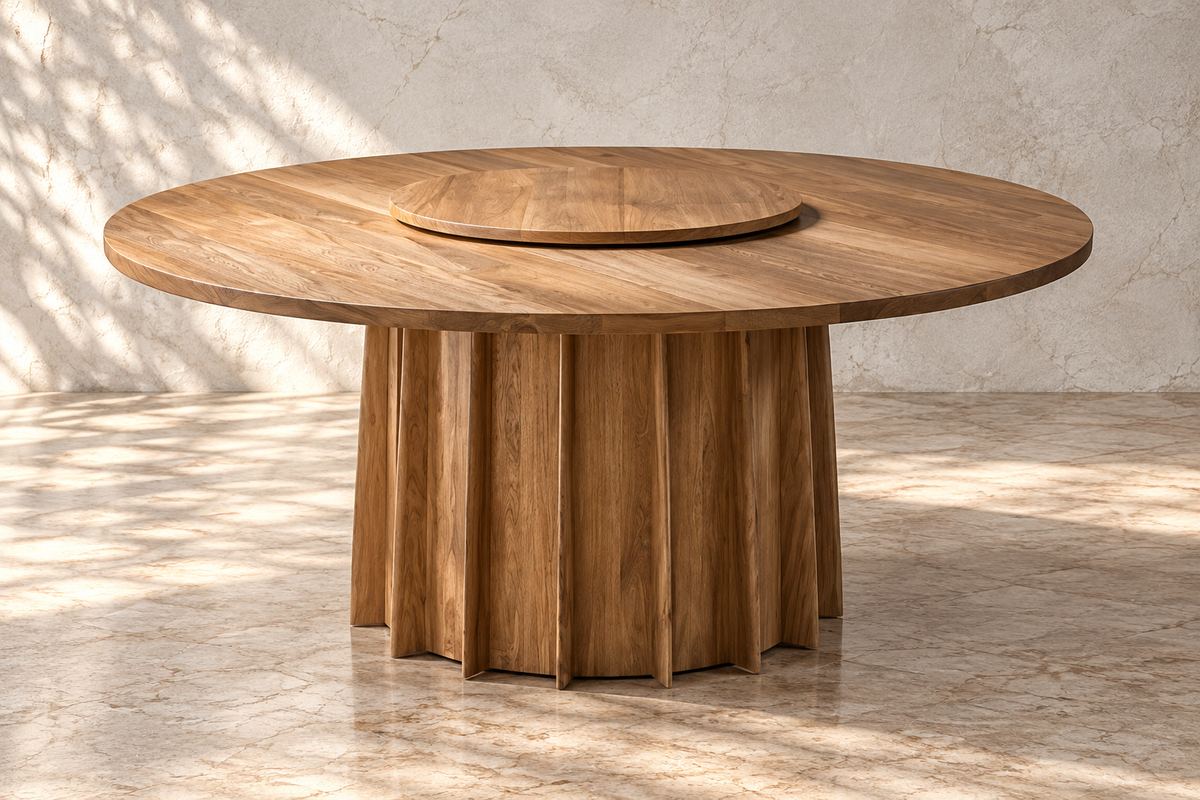 Mesa de comedor redonda de rosa morada con base de listones y centro giratorio