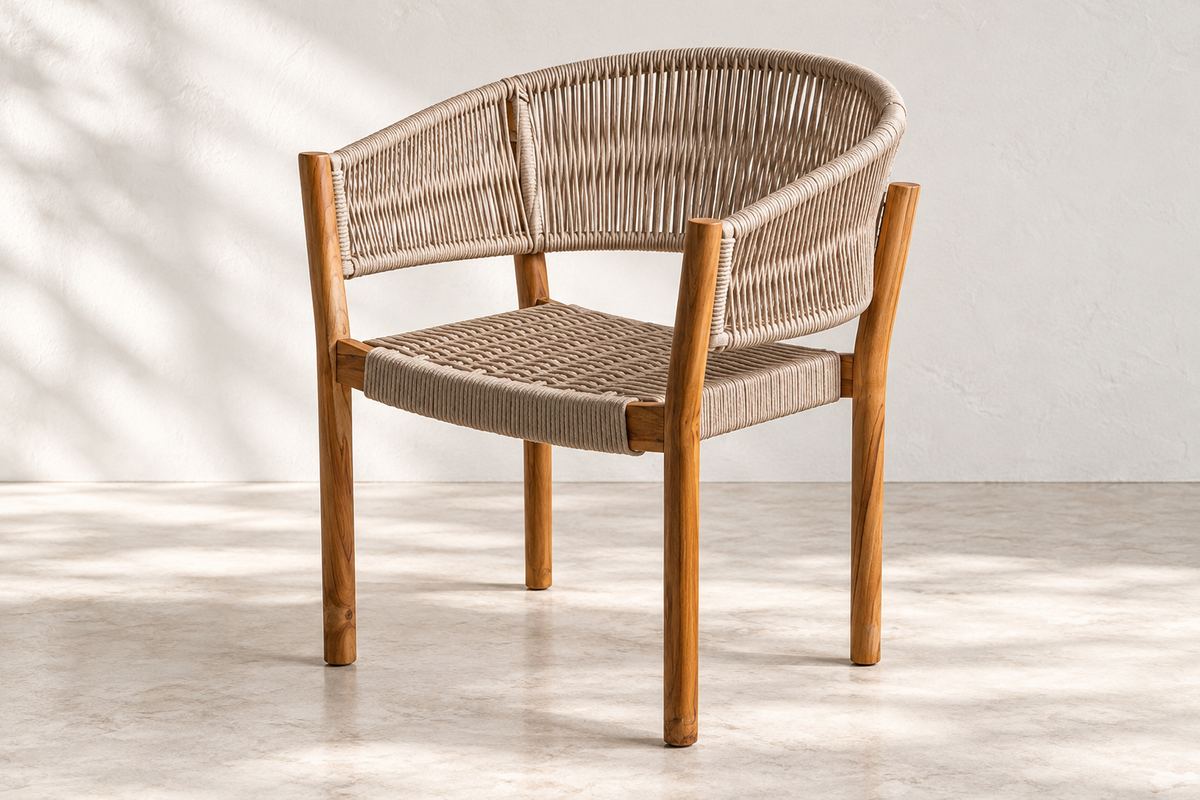 Silla de teca con respaldo y asiento tejidos en nylon