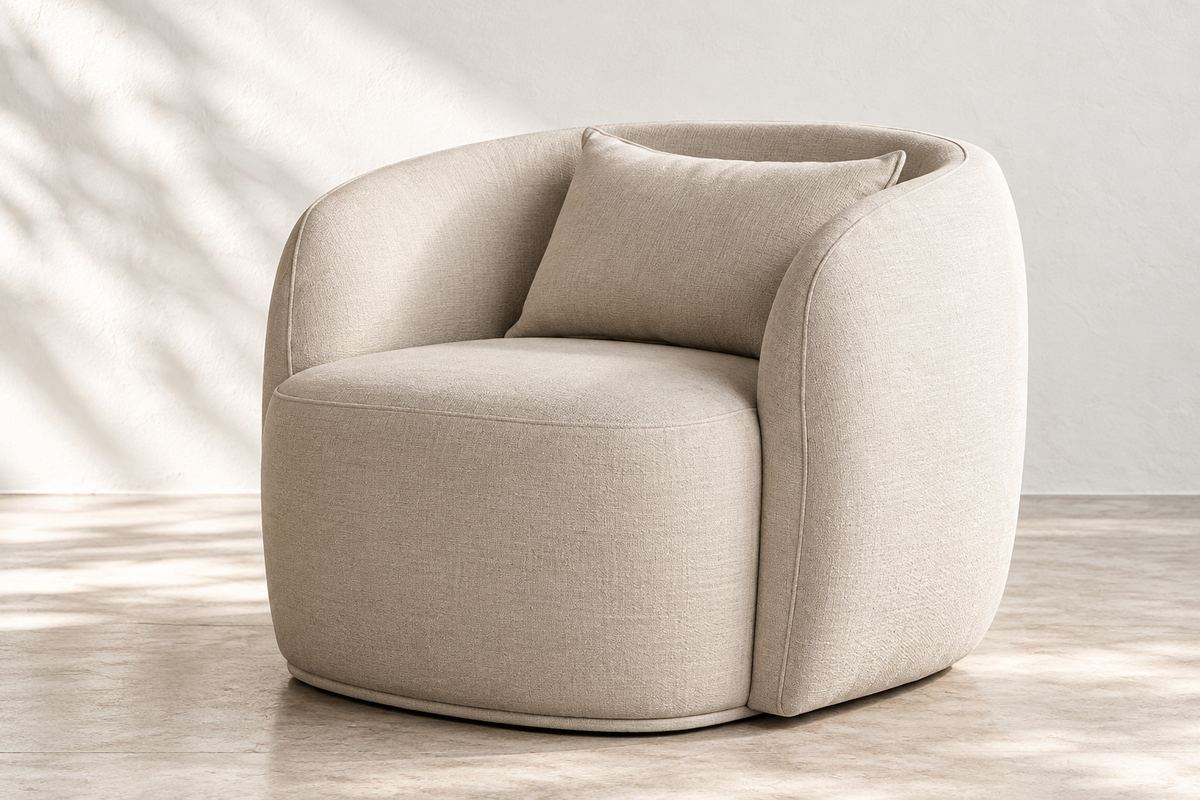 Sillón redondo tapizado en tela clara